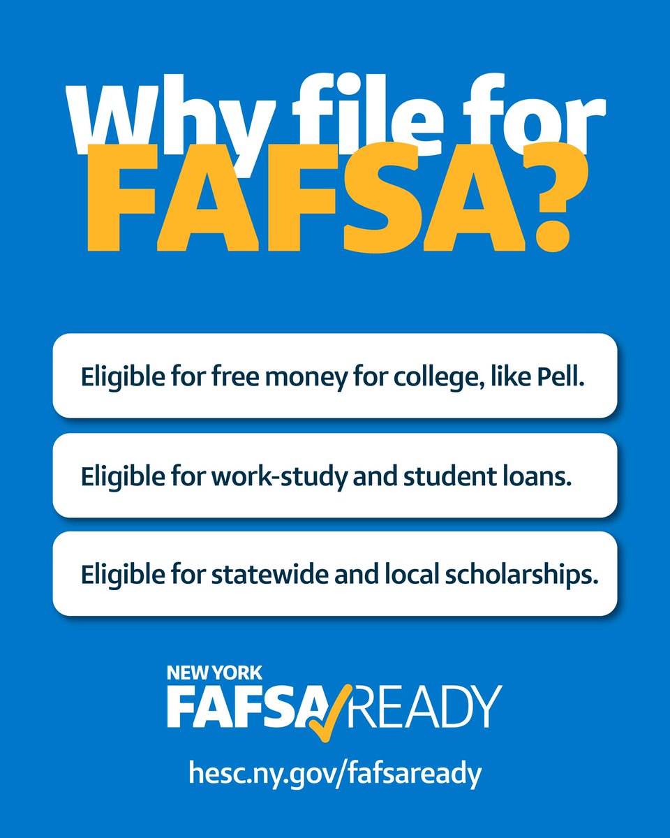 📆Attention graduating seniors! Secure your spot and financial aid for college by applying now.Don't wait. Visit hesc.ny.gov/fafsaready #FAFSAReady🔔