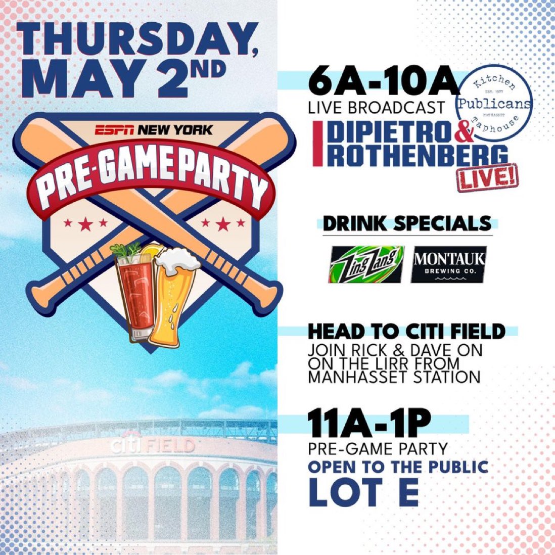 The 2nd Annual @DRonESPN Pregame Party is coming up on Thursday, May 2nd! Come out to see the LIVE broadcast at Publicans, just steps away from the LIRR, then take the train with the crew to Citi Field for the game vs. the Cubs! BROUGHT TO YOU BY: @montaukbrewco & @ZingZangMix