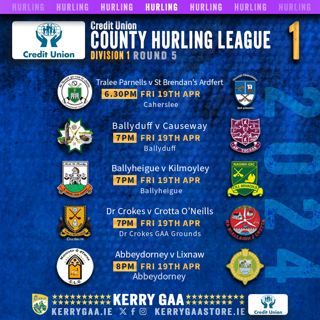 🥎 2024 Credit Union County Hurling League Division 1⃣ Round 5 fixtures. ▶️ kerrygaa.ie/fixtures-resul… #KerryGAA #CreditUnionLeagues