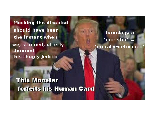 In a sane world .. In a sane world, a morally-deformed monster who mocked a disabled person would Never have gotten a single vote. That cruel selfish vicious act would have been The END of it.