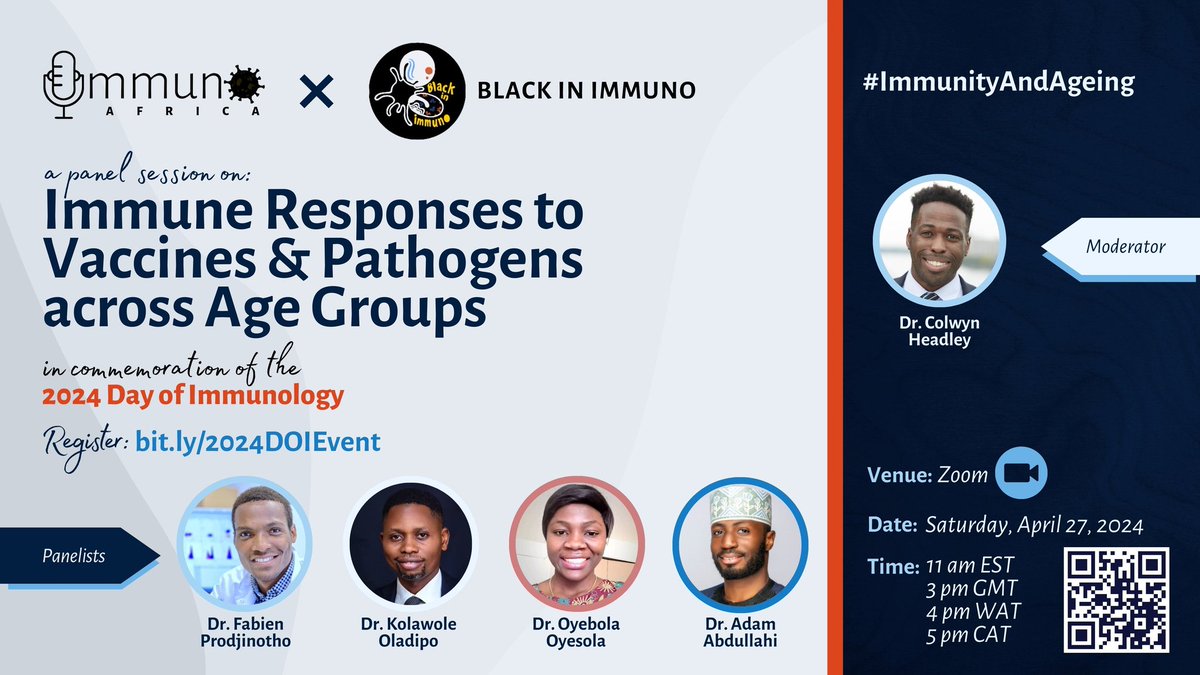 To celebrate this year's #DayOfImmunology, we'll be co-hosting a panel session alongside @BlackInImmuno and exploring the topic of #vaccines, #pathogens, and #immunology.

Date: Saturday, April 27, 2024
Time: 11 am EST / 3 pm GMT / 4 pm WAT

Register here, bit.ly/2024DOIEvent