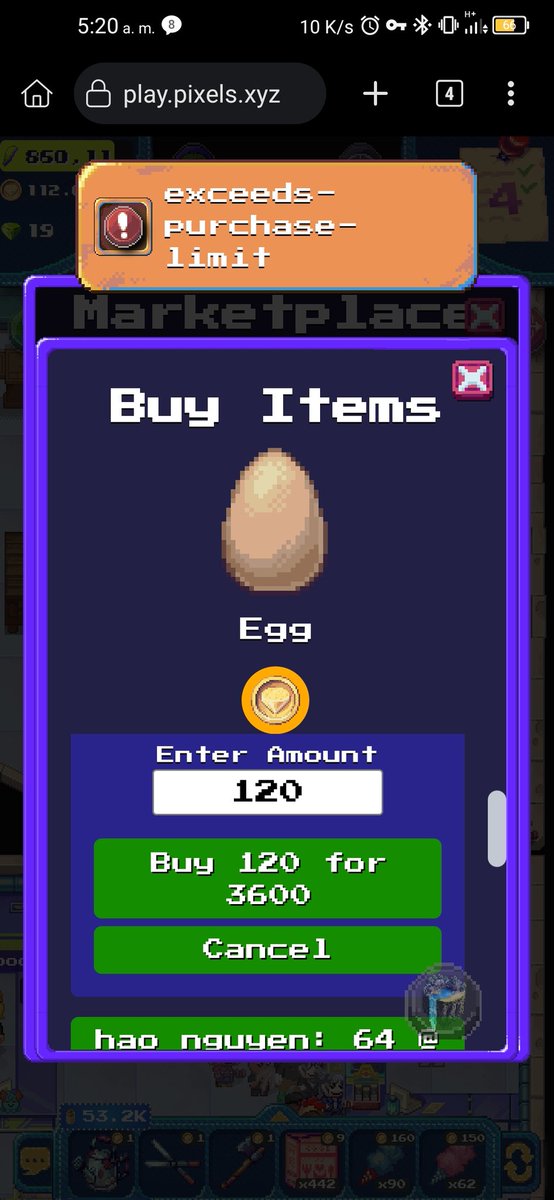 ericz2108's tweet photo. Someone could help? I'm trying to buy eggs in the marketplace but show this error. I'm VIP, isn't a reputation problem. I wish grow up my skills.
@pixels_online 
@whatslukedoing 
@Rojankhzxr https://t.co/Ogp3F7Rz92
