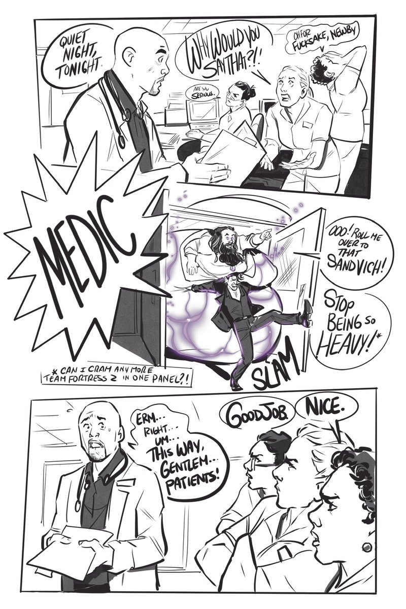 Once again… I bring you this horrifying display of my artistic talent. Jimbriel is in labor and he’s the only one not panicking.
Enjoy! (More pages on my Patreon for the brave, link in bio)
#pivot
#GoodOmensFanArt with TF2 joke??? YES
#Aziraphale 
#Crowley
#whyamilikethis