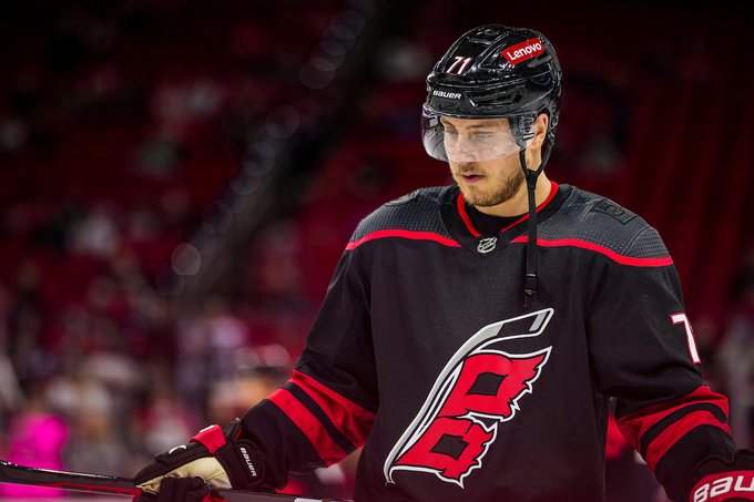 Jesper Fast stands during warmups of a recent game.