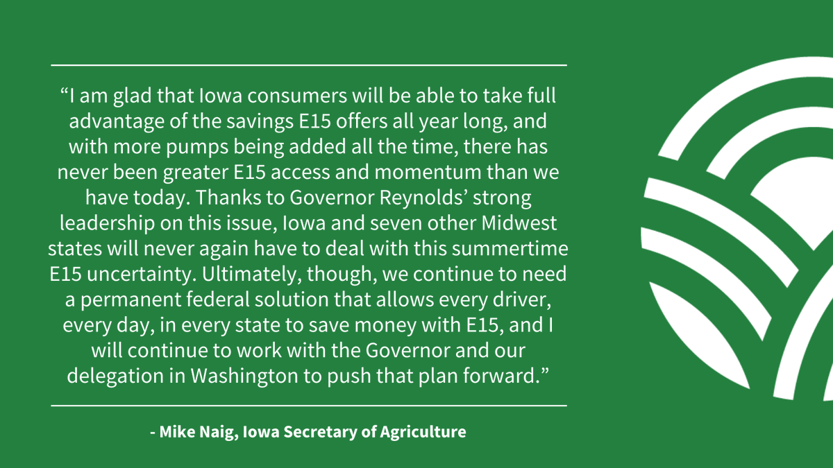 Secretary @MikeNaigIA welcomes the emergency waiver issued by @EPA for E15 during the summer driving season. The renewable fuel, which is made from corn, burns cleaner and costs less. iowaagriculture.gov/news/sec-welco…