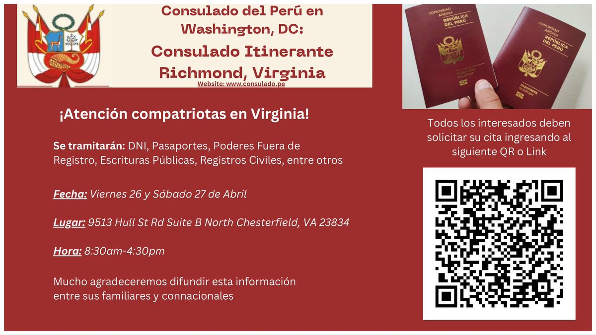 Consulado Itinerante en Richmond!!! Reserve su cita ahora, ingresando al QR y llenen el formulario aquí:
l.facebook.com/l.php?u=https%…