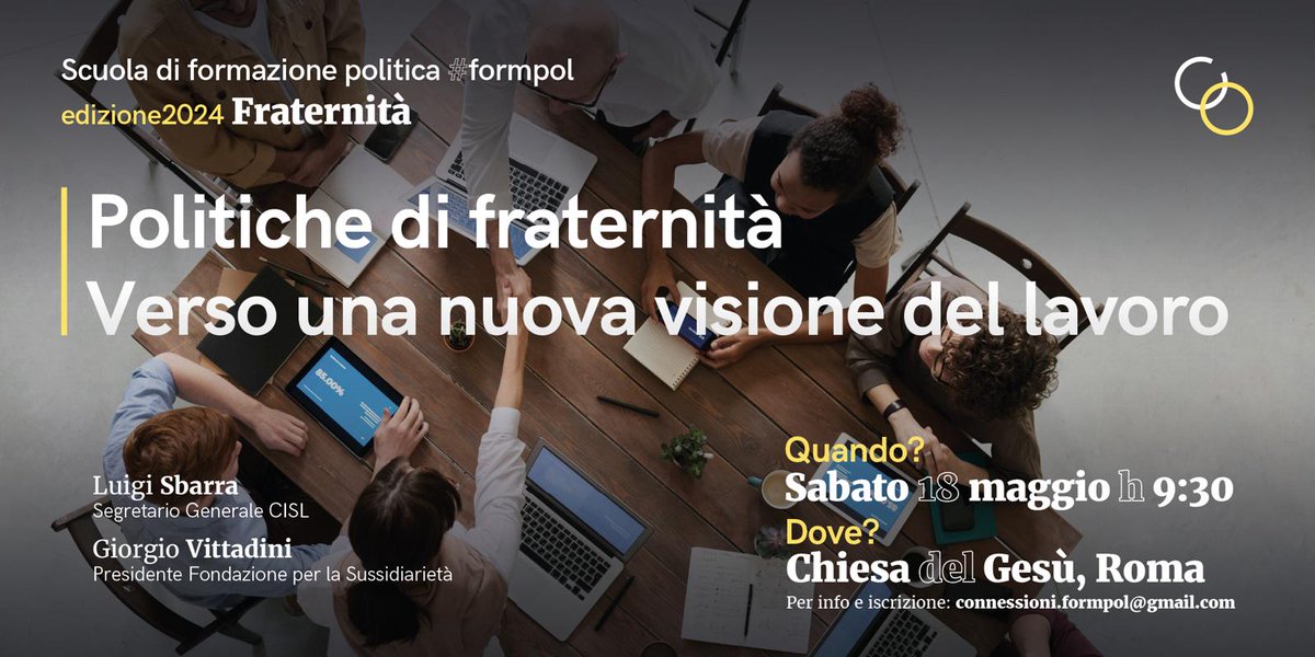 connessioniFP's tweet photo. Sabato 18 maggio alle 9.30 alla Chiesa del Gesù si terrà il quarto appuntamento di Formpol di quest’anno, parleremo di politiche di fraternità per una nuova visione del lavoro. 

Per iscriversi inviare una mail a connessioni.formpol@gmail.com

#Connessioni
#FormPol2024 https://t.co/yNWwljrSEH