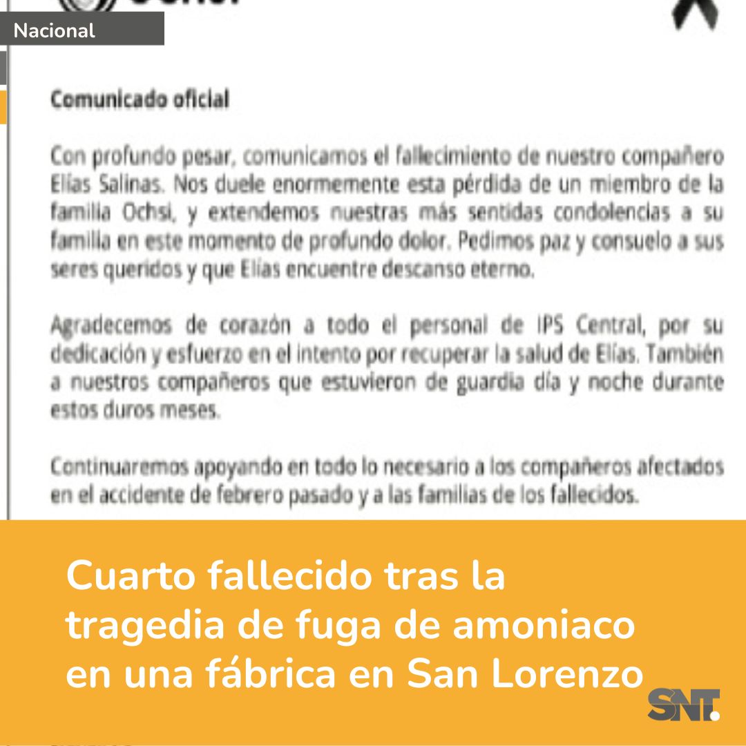 🔴Otro fallecido tras fuga de amoníaco en fábrica de San Lorenzo 😔👉Se confirmó la muerte de Elías Salinas, empleado de la fábrica de embutidos, tras la explosión de un cilindro con amoníaco ocurrido meses atrás. Sería el cuarto fallecido tras la tragedia #IDMSNT