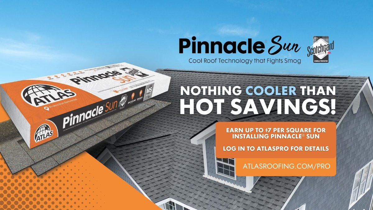 Pinnacle® Sun is the one this spring! When you install Atlas Pinnacle® Sun shingles this spring, get up to $7/square back! Get roofing today at atlasroofing.com/pro!