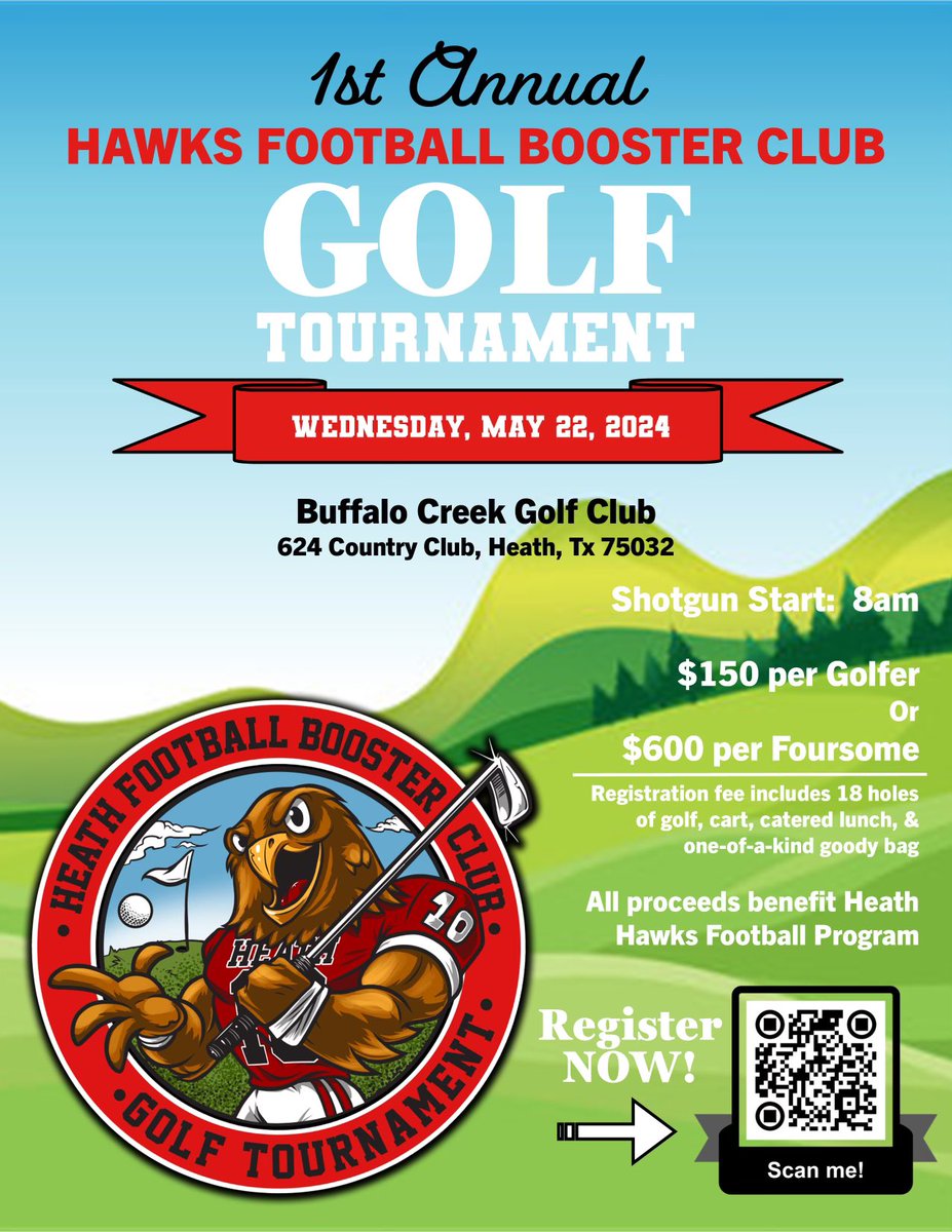 Calling all golfers! The Heath Hawks Football Booster Club is excited to announce our 1st annual golf tournament! All funds raised will benefit the needs of the Heath Hawks football program. Scan the QR code or visit our square site to register today! …wks-football-booster-club.square.site/2024-golf-tour…