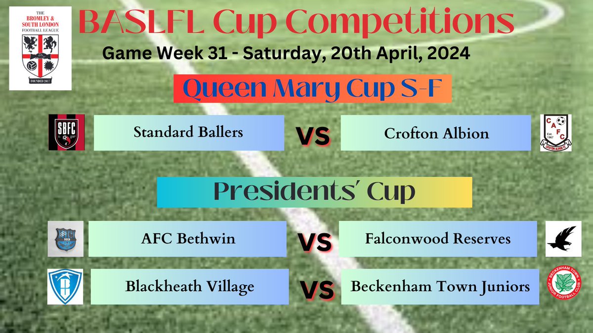 Our last @BASLFL Cup semi-final of the season has @St_Ballers face @CroftonAlbionfc. In the Presidents' Cup, @RocaSportss AFC Bethwin complete their group stage with @Falconwood_FC Reserves. At the same time, the first semi-final sees Beckenham Town Jnrs travel to @BlackheathVFC.