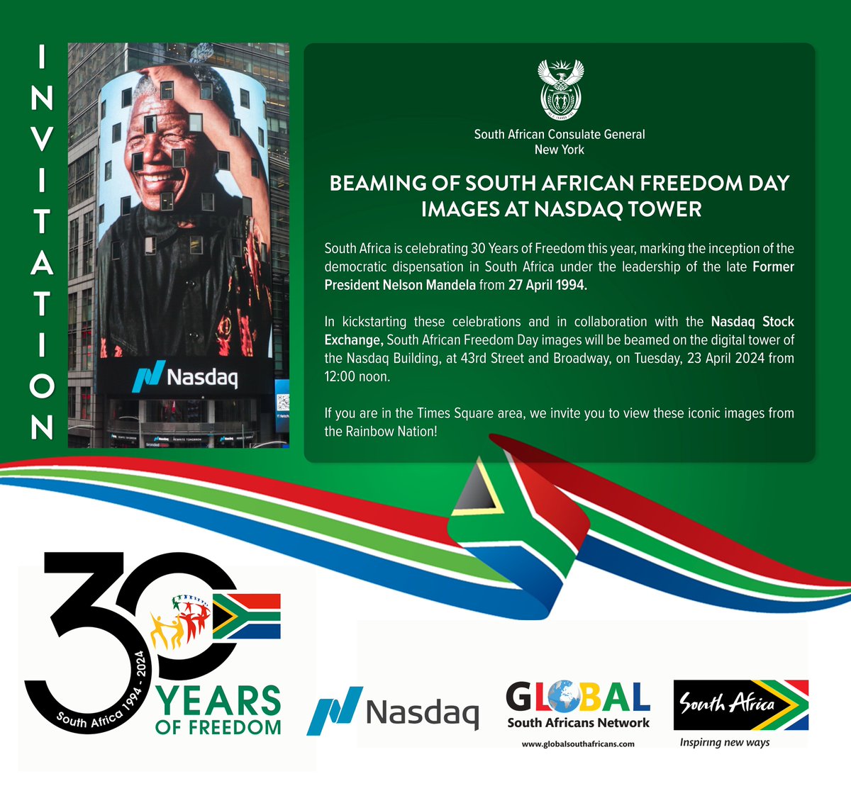 South African Freedom Day images will be beamed on the digital tower of the Nasdaq Building at 43rd Street and Broadway on Tuesday 23 April 2024 from 12:00 noon. We invite you to view these iconic images from the Rainbow Nation! See you there! #SAinNY #30YearsOfFreedom