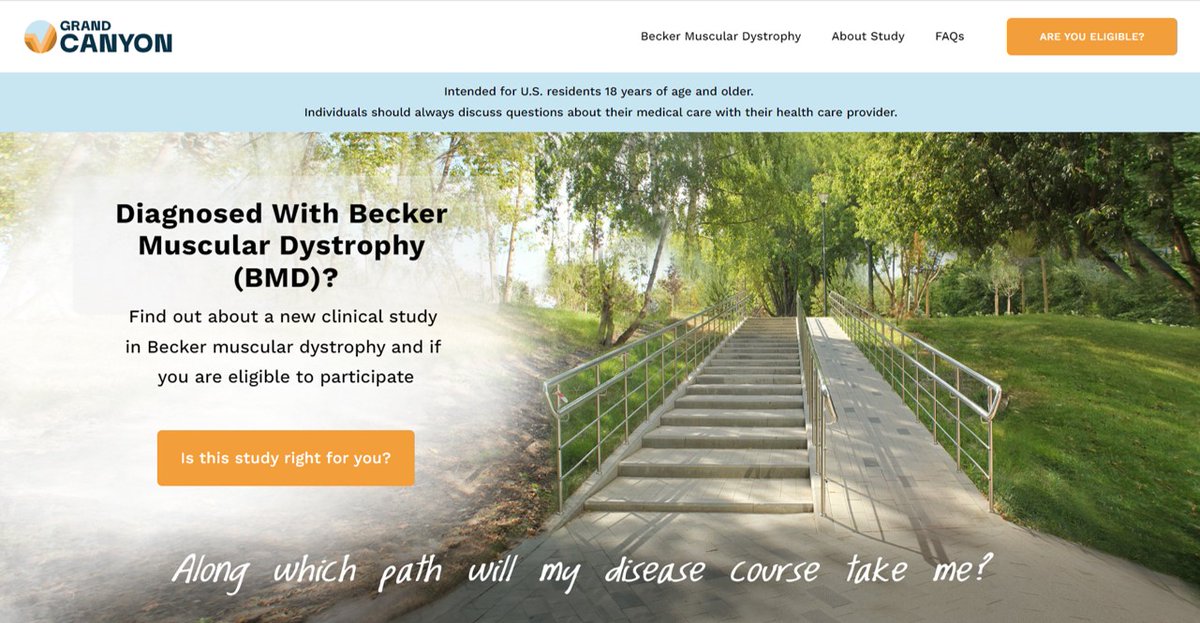 GRAND CANYON, a pivotal clinical study to evaluate an investigational drug in individuals living with #Becker #musculardystrophy is ongoing. Visit the study website to learn more. beckergcstudy.com