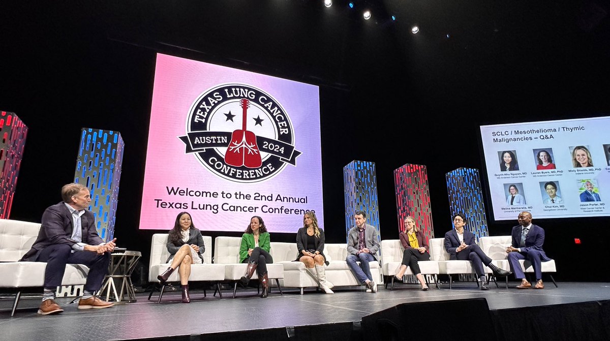 All star panel discussing #SCLC, mesothelioma, thymic cancers at #TexasLung24 with Drs. Davey Daniel, Quynh Nguyen, @LaurenByersMD, @drshieldsmd, Carl Gay, @MMarmarelis, @chulkimMD, and @jpmd901!