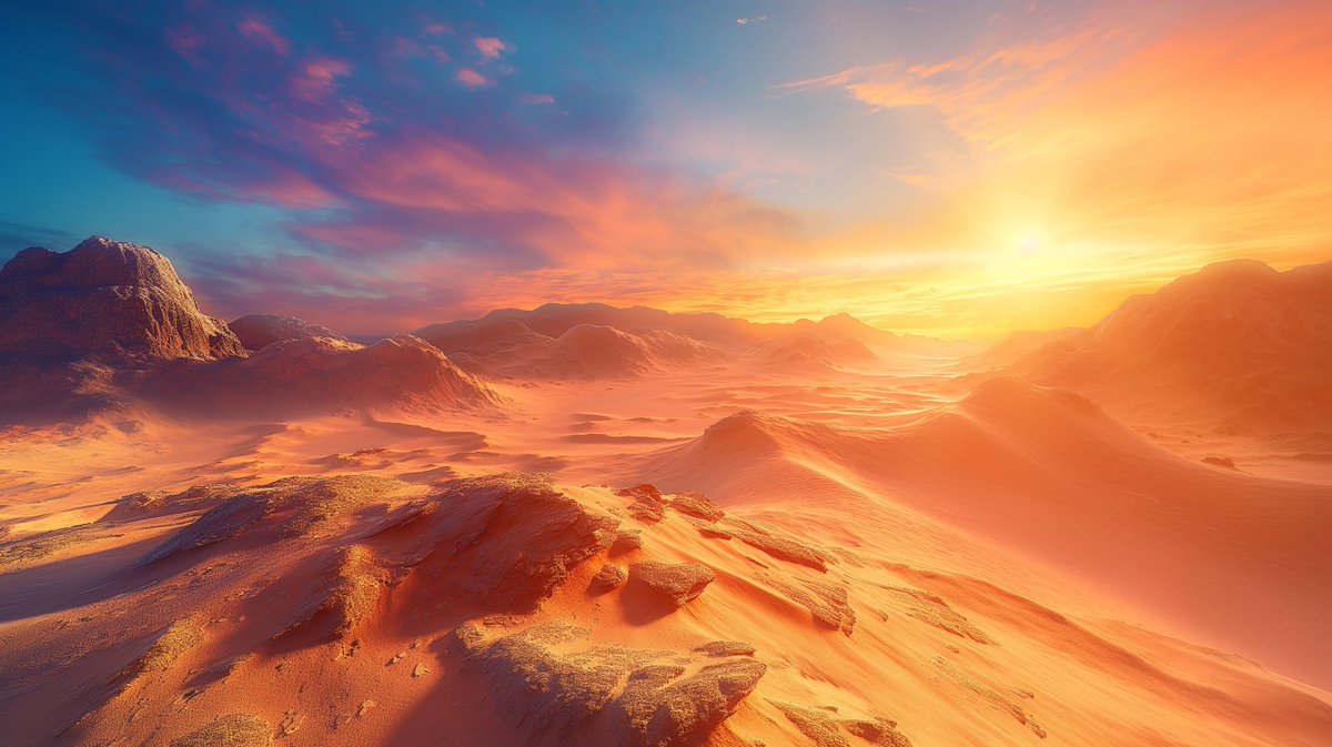DreamCReality's tweet photo. Bask in sunlight's warm embrace over golden dunes. A desert, once stark, now hums a fiery lullaby at twilight. Behold this natural masterpiece—light and shadow dancing on the sands.

What natural wonder has captivated you? Tell us your sunset tale. #NaturesArt #DesertDusk https://t.co/jvdhq3wESC