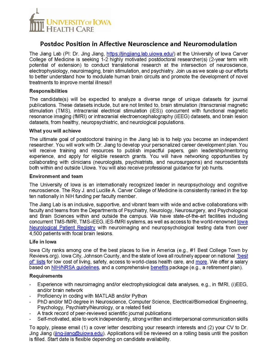 jingjiang_psy's tweet image. 📢My lab is #hiring 1-2 #Postdocs to work on our NIMH-funded cross-modality (#TMS🧲/#intracranial EStim⚡️+#iEEG/#fMRI), cross-population (#MoodDisorders+ #Epilepsy), #BrainNetwork🧠study. Please help spread the word.
#postdocjobs #neurojobs #neurotwitter #psychtwitter
