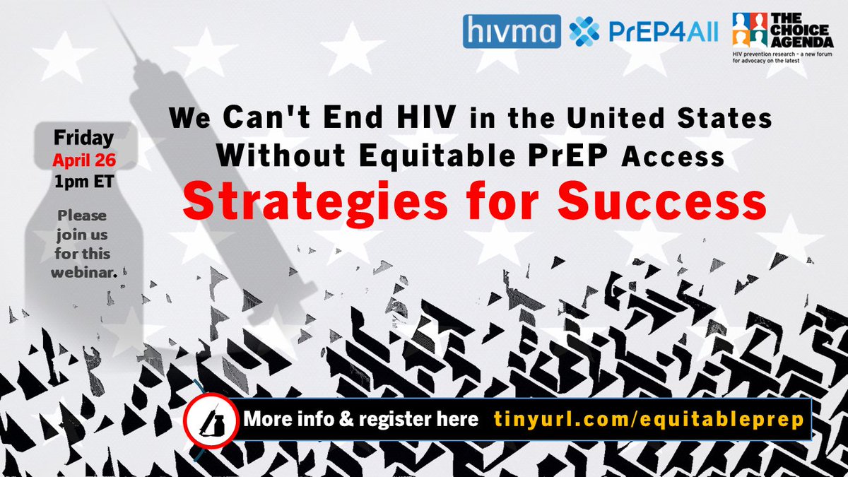 Join us Fri. April 26 at 1pm ET for a #PrEP equity webinar featuring Dr. Lorraine Dean, @JohnsHopkins; Dr. Rupa Patel, @CDCgov; Dr. Patrick Sullivan, @EmoryUniversity & Greg Millet, @amfAR Register Now: tinyurl.com/equitableprep @PrEP4AllNow @HIVpxresearch