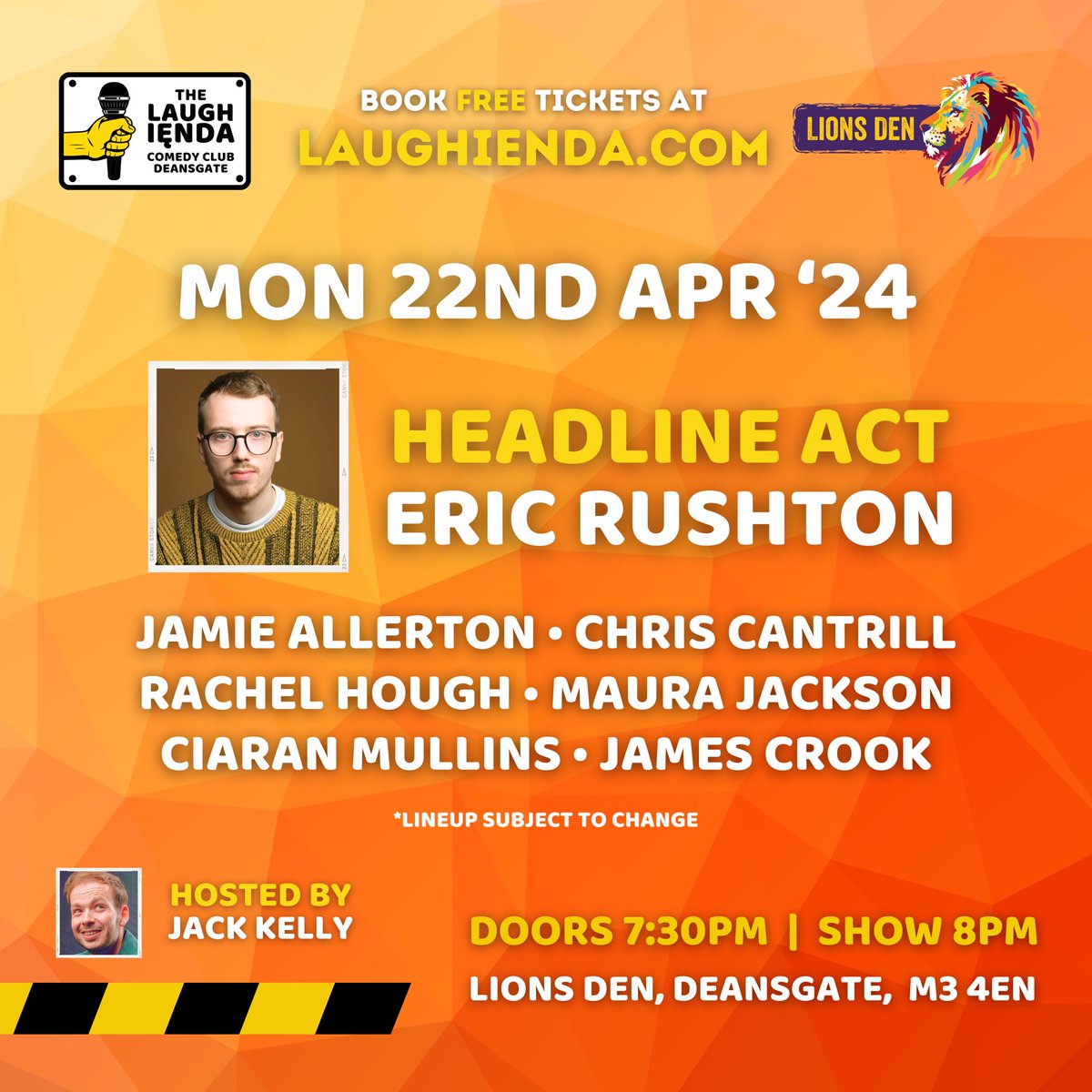 The lineup for our show at @LionsDenMCR this Monday is, quite frankly, out of this world - you don’t wanna miss this one! 🌎🚀 FREE tickets here 🎟️ Laughienda.com . . #comedy #manchester #standup #free #funny #comedian #events #deansgate #laughienda #lionsden #Mondays