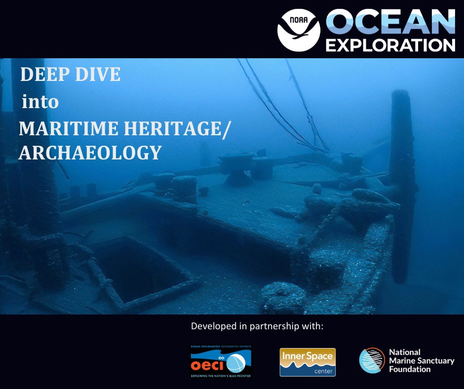 Interested in learning more about maritime heritage/archaeology? Join us May 14 or 16 to take an online 'deep dive' with experts to learn about the wonders of & tools used for exploring maritime heritage sites. More info: oceanexplorer.noaa.gov/edu/developmen… #webinar #maritimeheritage #STEM