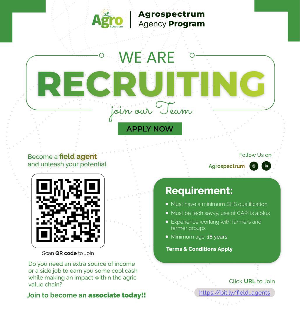 AgrospectrumLtd's tweet photo. Join our team as a field agent and make an impact in agriculture! Are you tech-savvy with a passion for farming? Apply now and unleash your potential. 

Kindly Scan the QR code or click the URL to join.

#HIRING #Agriculture #Agritech #Valuechain #technology https://t.co/bzP7qpFexk