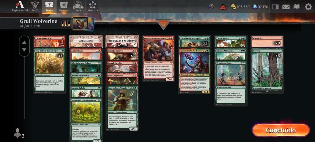 E veio o segundo 🏆 da temporada depois de duas batidas na trave com esse Grull Wolverine. Infelizmente não conjurei a cereja 🍒 do bolo nenhuma vez. (Roxanne) 🥲 #mtga #MTG #mtgOTJ #mtgThunder #MagicTheGathering @fireshoes @ArenaDecklists