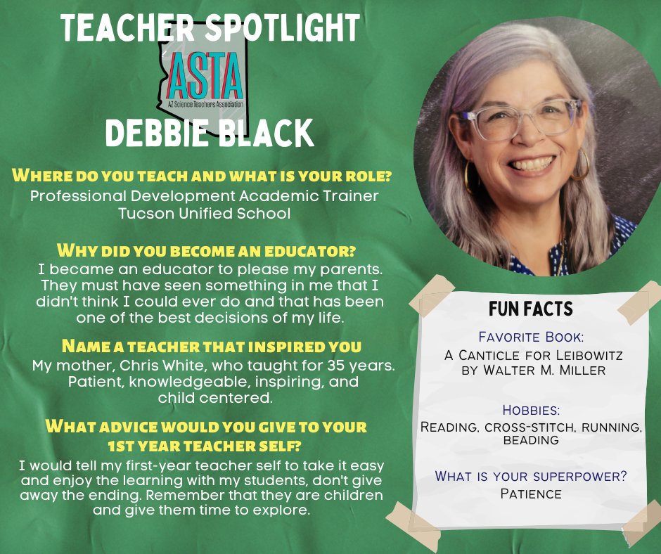 Springing into Spring w/more #TeacherSpotlight celebrations! Congrats to Debbie Black, PD Academic Trainer for @tucsonunified for the week of May 9-15 🌟We think you are #ASTAmazing!