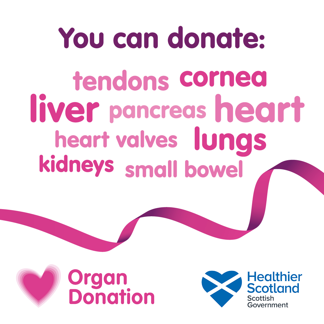 Did you know you can choose which organs and tissue you want to donate? If you choose to be a donor, you'll be given the choice when recording your decision on the NHS Organ Donor Register. Find out more about your choices at organdonation.scot