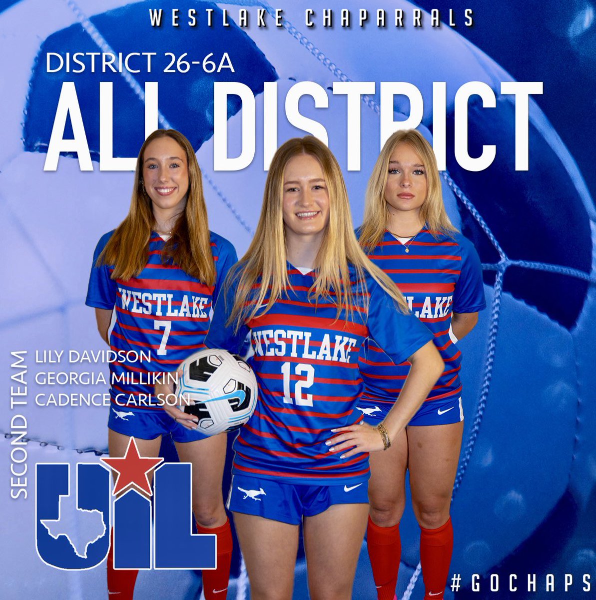 Congratulations to the three Chaps named to the 26-6A All-District 2nd Team. Shoutout to Lily Davidson, Georgia Millikin and Cadence Carlson. #GoChaps 26-6A All-District 2nd Team Lily Davidson Georgia Millikin Cadence Carlson