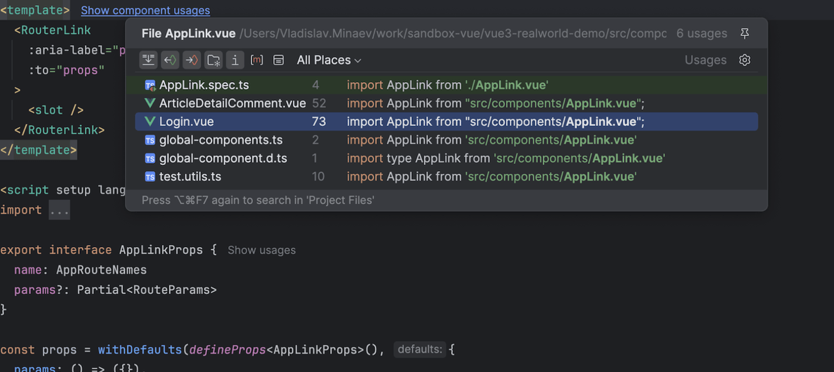 WebStorm offers in-editor hints for component usages when working with Vue, Svelte, and Astro files. This is particularly useful for files that do not contain an explicit export statement, such as the script setup in Vue. #NewInWebStorm