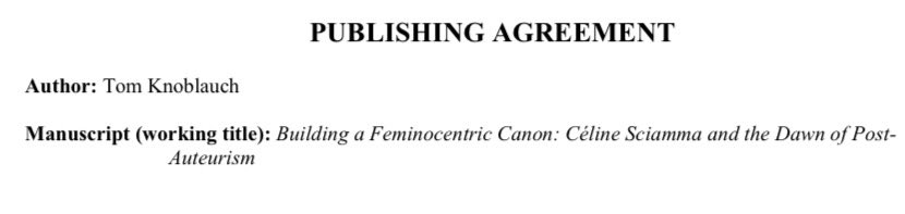 Happy to have just signed a contract with Lexington Books (imprint of @RLPGBooks) for a book on Céline Sciamma and a re-definition of auteurism