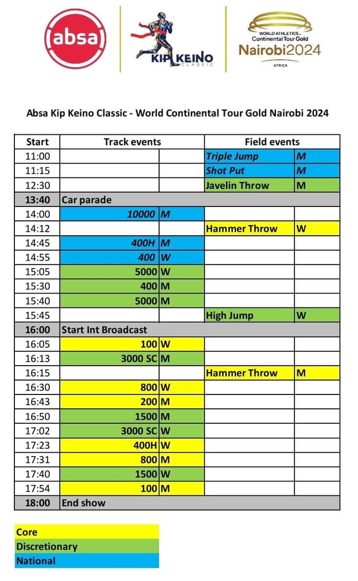 Here is the programme for tomorrow's Kip Keino Classic. Kujeni tuchaze Nyayo and enjoy great athletics action from @LetsileTebogo2 , @Ferdiomanyala, Mary Moraa and Emmanuel Wanyonyi, Ethan Katzberg, Wojciech Nowicki, Pawel Fajdek, Anita Wlodarczyk and more It is FREE ENTRY