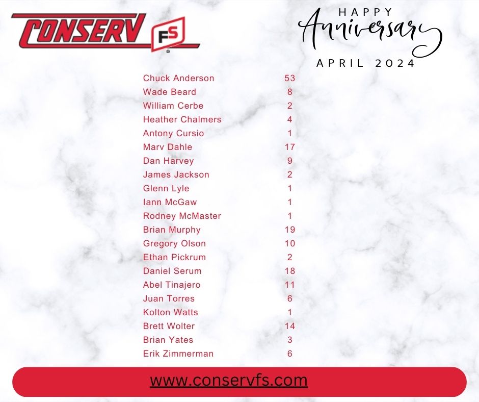 We are proud of the twenty-one employees who are celebrating years of service recognition this month!  We appreciate their dedication to our customers, and we are fortunate to have them as a part of the Conserv FS team.   #ConservFS #FSProud