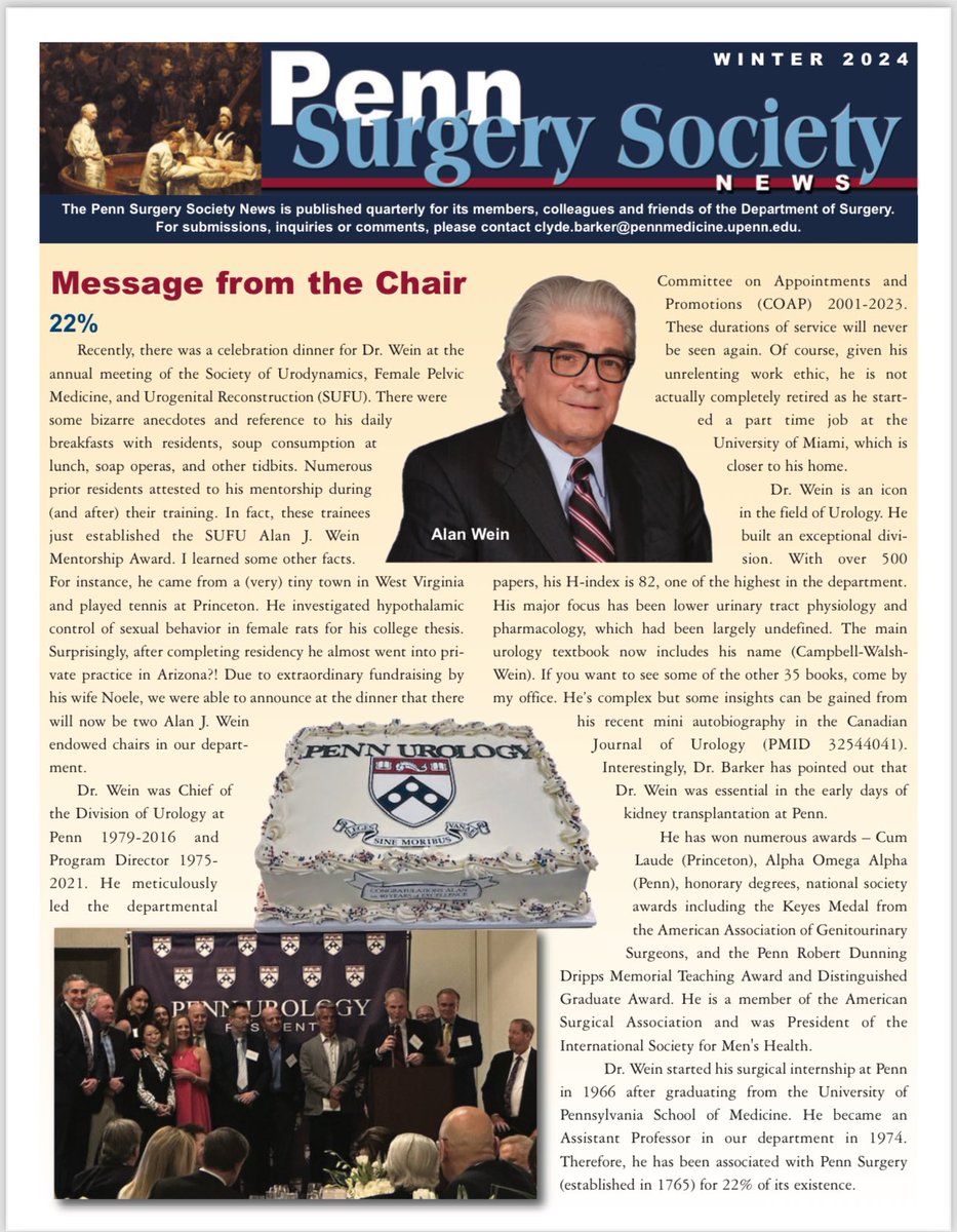 HOT OFF THE PRESSES!!! The newest Penn Surgery Society News with @PennUrology icon Dr Alan Wein on the cover has arrived. bit.ly/3UpWwtd