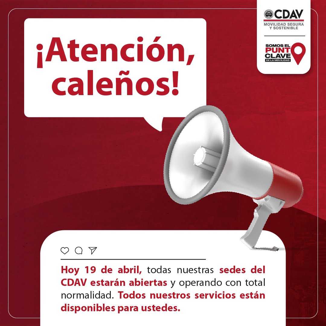 CDAVCali's tweet image. En el CDAV, nuestro compromiso es contigo y tu movilidad. Por eso, queremos informarte que hoy 19 de abril todos nuestros servicios operan con normalidad. 

Contáctanos ahora mismo al (602) 380 8957