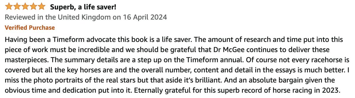 SieglindeMcGee's tweet image. Latest review of @BestRacehorses of 2023!
The 764-page &quot;utterly comprehensive, one-stop resource&quot; (Racing Post) is printed by Amazon so only available to buy via their sites. #FormAnalysis #PedigreeAnalysis #Data #HorseRacing
amazon.co.uk/dp/1838433147 UK
amazon.co.fr/dp/1838433147 IRE