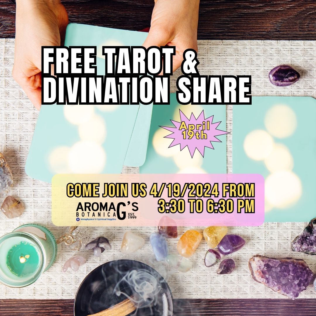 FREE Tarot & Divination Share - Practice on Others
FRIDAY, April 19, 2024 AT 3:30 PM – 6:30 PM
Think “Psychic Speed Dating.”
FREE EVENT.

#Divination #Cartomancy #Tarot #Lenormand #Oracle #Runes #Intuition #MetaphysicalShop #MetaphysicalStore