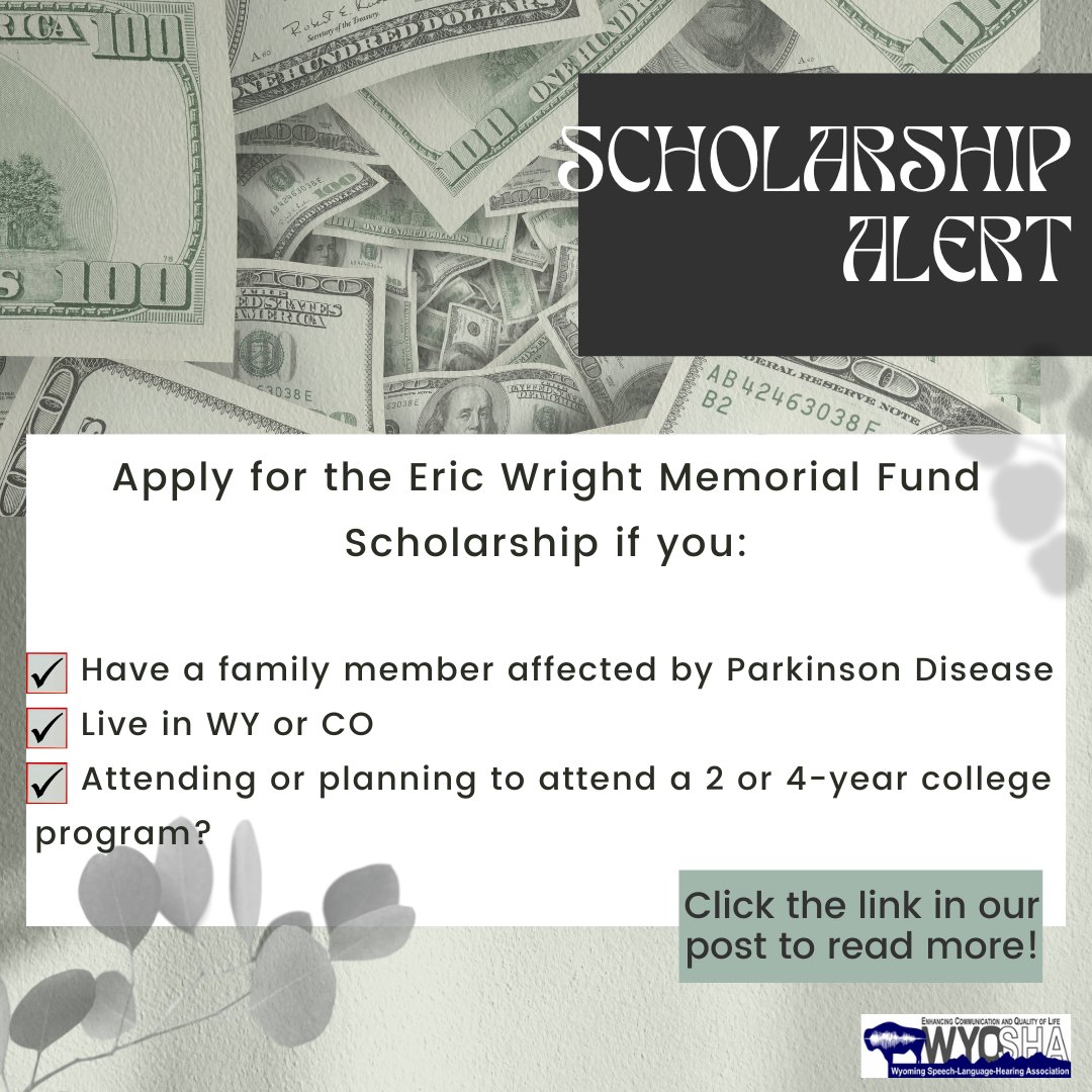 WyoSHA's tweet photo. In honor of Parkinson Awareness Month, check out this scholarship opportunity! From Parkinson Association of the Rockies, along with the family and closest friends of Eric Wright, you can apply and learn more here: https://t.co/YfA7vIeK6s
#parkinsonsdisease #parkinsonsawareness https://t.co/OOfPLSY2uh