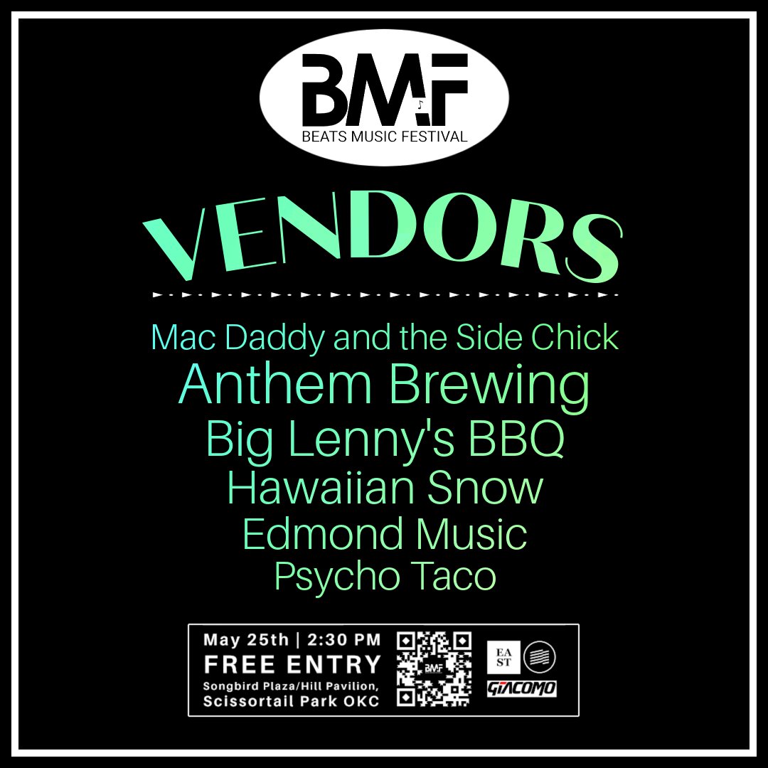At Beats Music Festival, you will be able to enjoy music from local artists while also enjoying foods and beverages from local businesses! Take a look at our final list of vendors for BMF '24.

#BMF #BeatsMusicFestival #okcevents #oklahoma #okfestival #musicfestival #okcmusic
