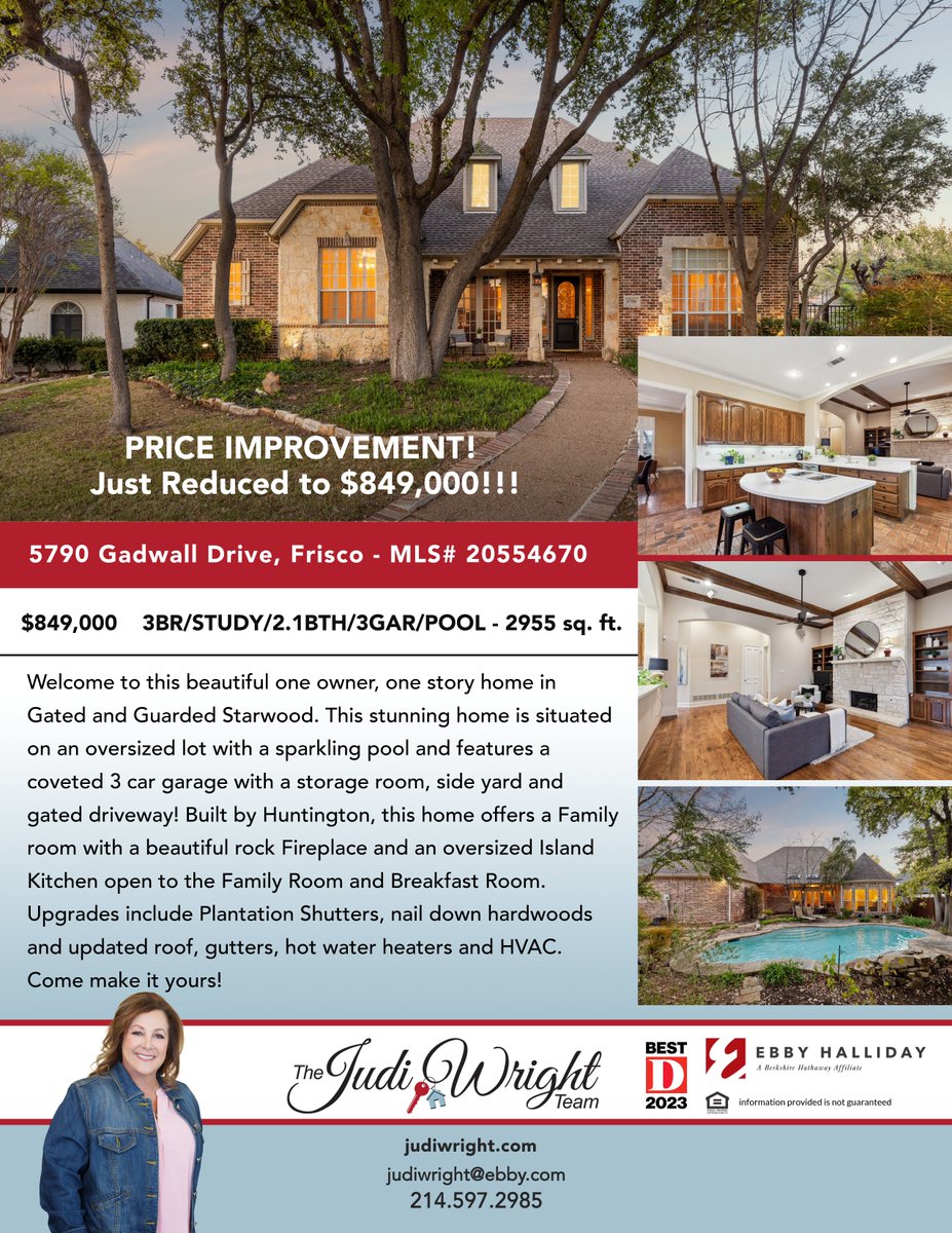 #PriceImprovement on 1-Story in Frisco's gated/guarded Starwood neighborhood. Come make this one yours!

#reduced #pricereduced #frisco #friscotx #starwood #starwhoodhomes #thejudiwrightteam #thewrighttemafortherighthome #makethewrightchoice #home #gated #masterplannedcommunity