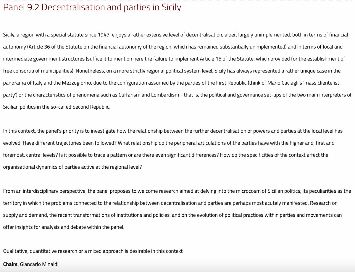 🚨Call for papers <a href="/sisp_/">sisP</a> Conference 2024
Panel 'Decentralisation and parties in Sicily' 
Chaired by Giancarlo Minaldi
📌Deadline for abstract submission 31 May 2024
👉sisp.it/en/conference2…
