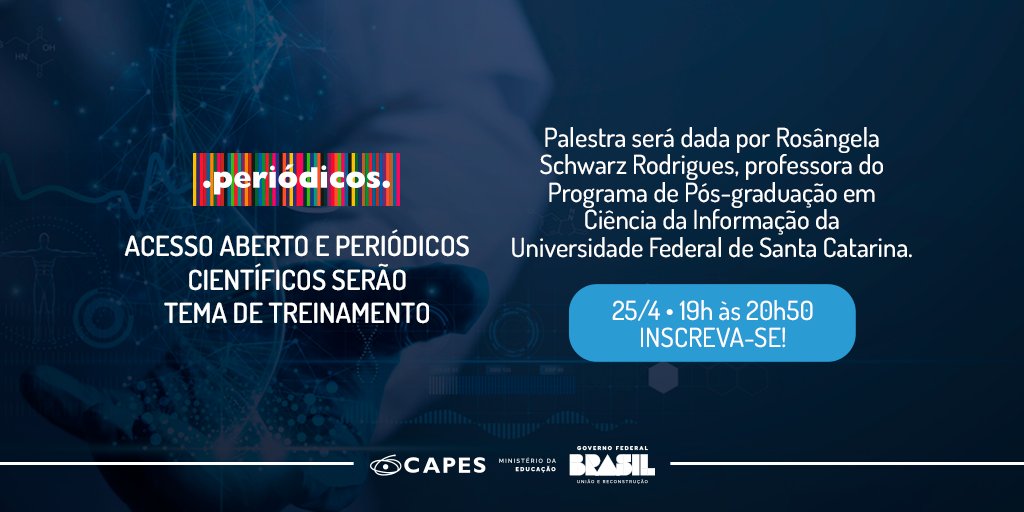 O Portal de Periódicos da CAPES, no âmbito do projeto Em pauta, promoverá a palestra Acesso Aberto e Periódicos Científicos. O evento será conduzido pela professora Rosângela Schwarz Rodrigues, especialista no assunto. Saiba mais e veja como se inscrever: capes.gov.br/KYmVI