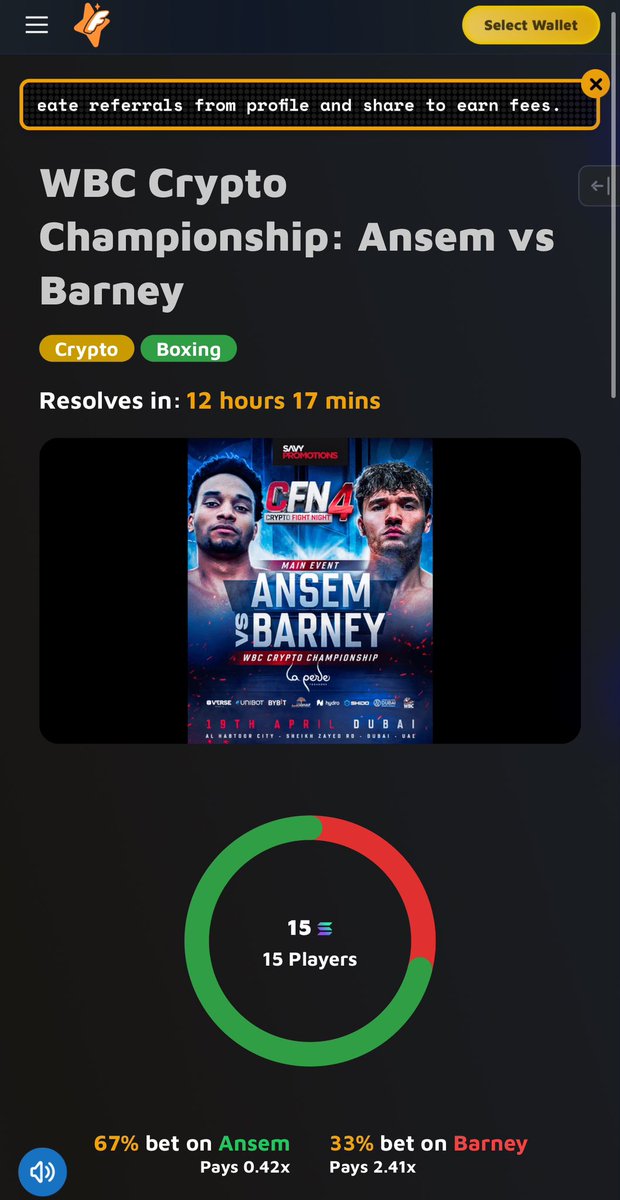 Our pool @FamousFortuna is heating up as the anticipated fight between @barneytheboi and @blknoiz06 will begin soon🥊! Join in on the action using the link below👇🏻🔗 #crypto #SOL #cryptofightnight