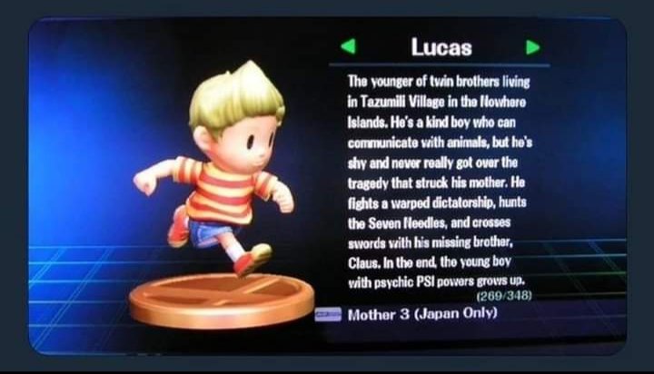 Everyone who was upset that Nintendo didn't make Mother 3 a worldwide release on the NSO this year and skipped the fan translation can just play Super Smash Bros Brawl instead 🙂