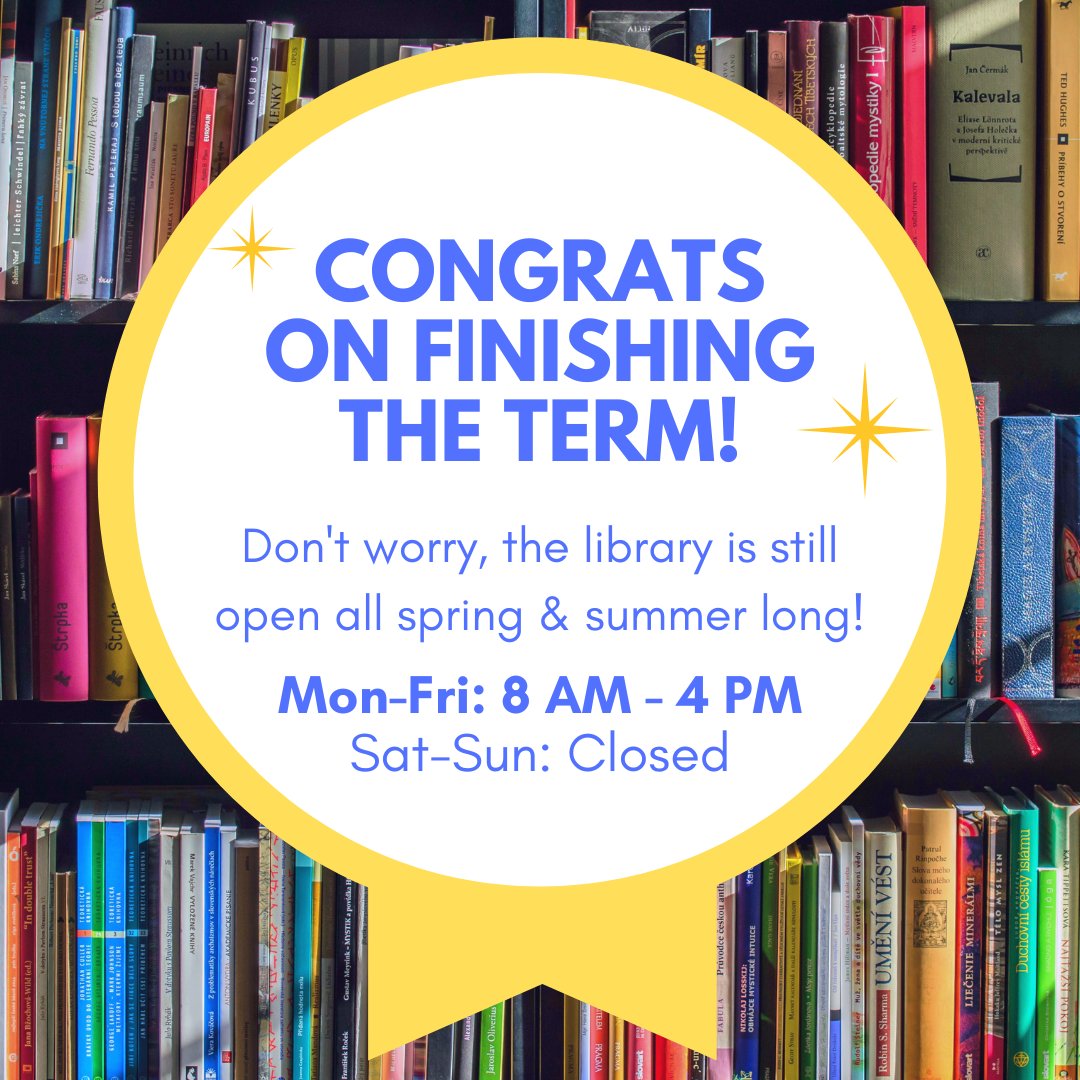 librarygrenfell's tweet photo. Congratulations on making it through another term! π₯³
The library will be open through the spring and summer with a change in hours beginning April 20:
β° Monday-Friday: 8 AM - 4 PM
β° Saturday-Sunday: Closed
#GrenfellCampus #library #MUNLibraries https://t.co/OmnYXB626q