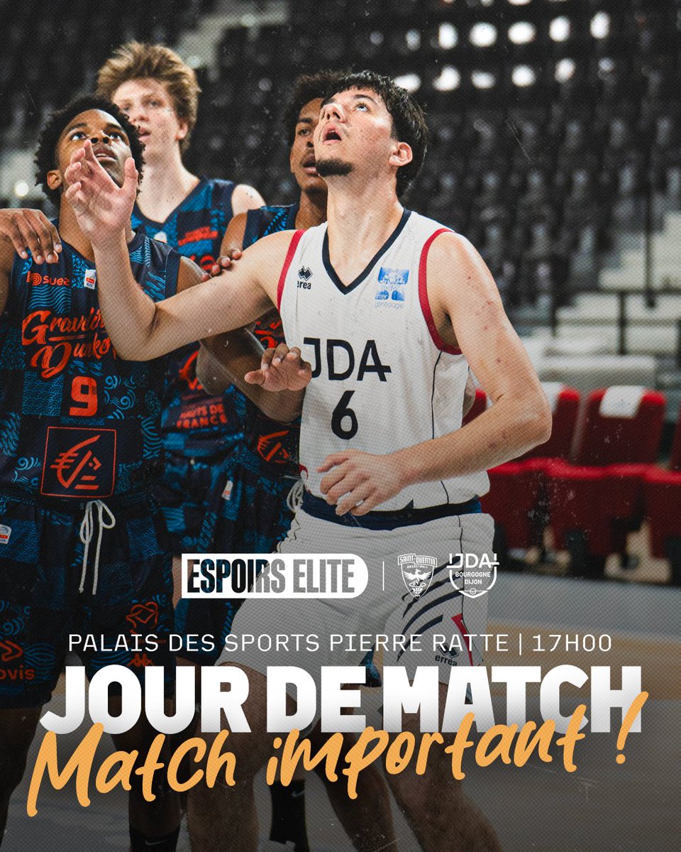 𝗝𝗢𝗨𝗥 𝗗𝗘 𝗠𝗔𝗧𝗖𝗛 ⚔️ Les jeunes Dijonnais se déplacent Saint-Quentin pour disputer la J30 du championnat #EspoirsELITE à 17h00 ! 💪 ❌ Aucune diffusion de la rencontre n'est prévue. #MyJDA