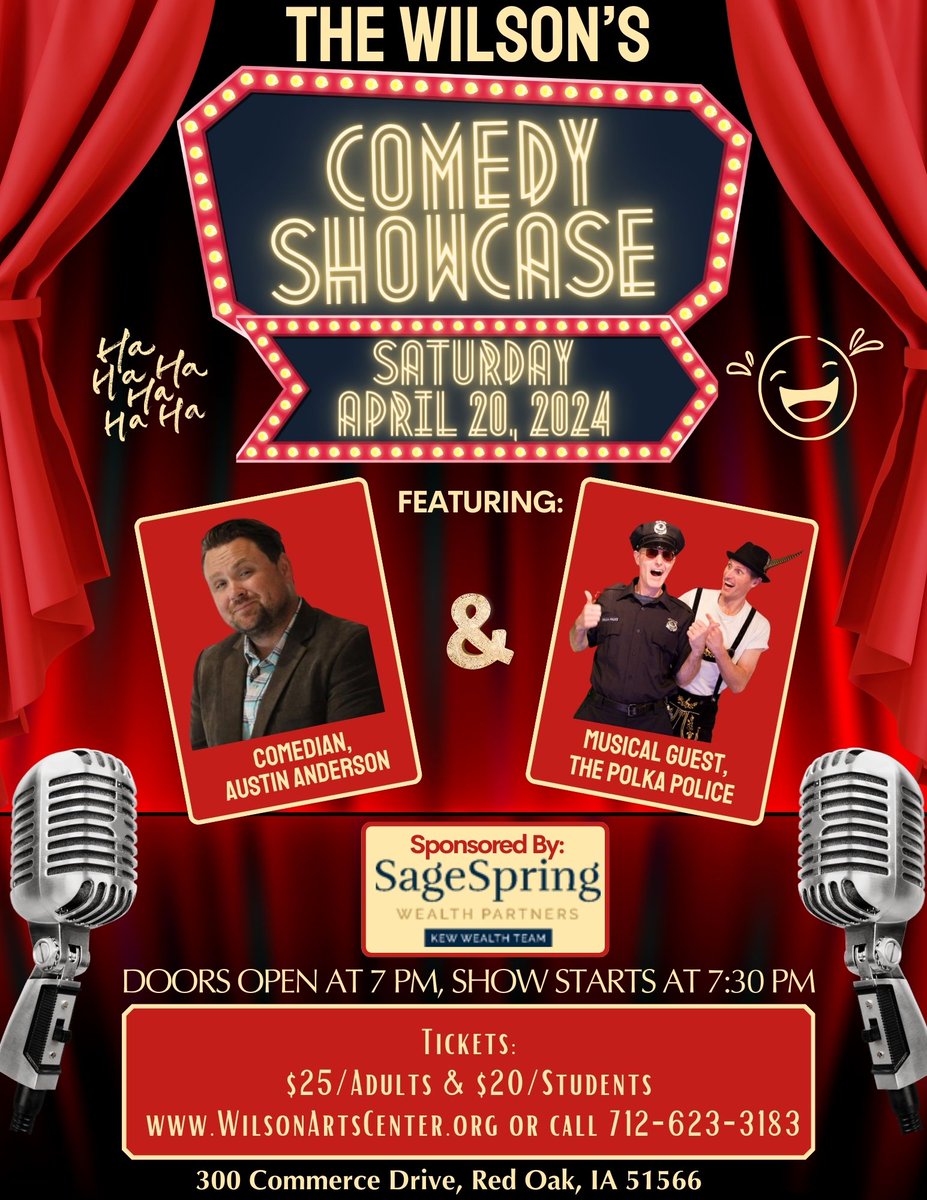 WilsonPerfArts's tweet photo. Don't miss comedians Austin Anderson and Brandon Kew along with musical guest the Polka Police tomorrow night at 7:30pm (doors open at 7pm!) here at the Wilson Performing Arts Center. It's going to be a great show!!! For Tickets: https://t.co/JixxgRj1gs or by calling 712-623-3183 https://t.co/ajeRggKwE0