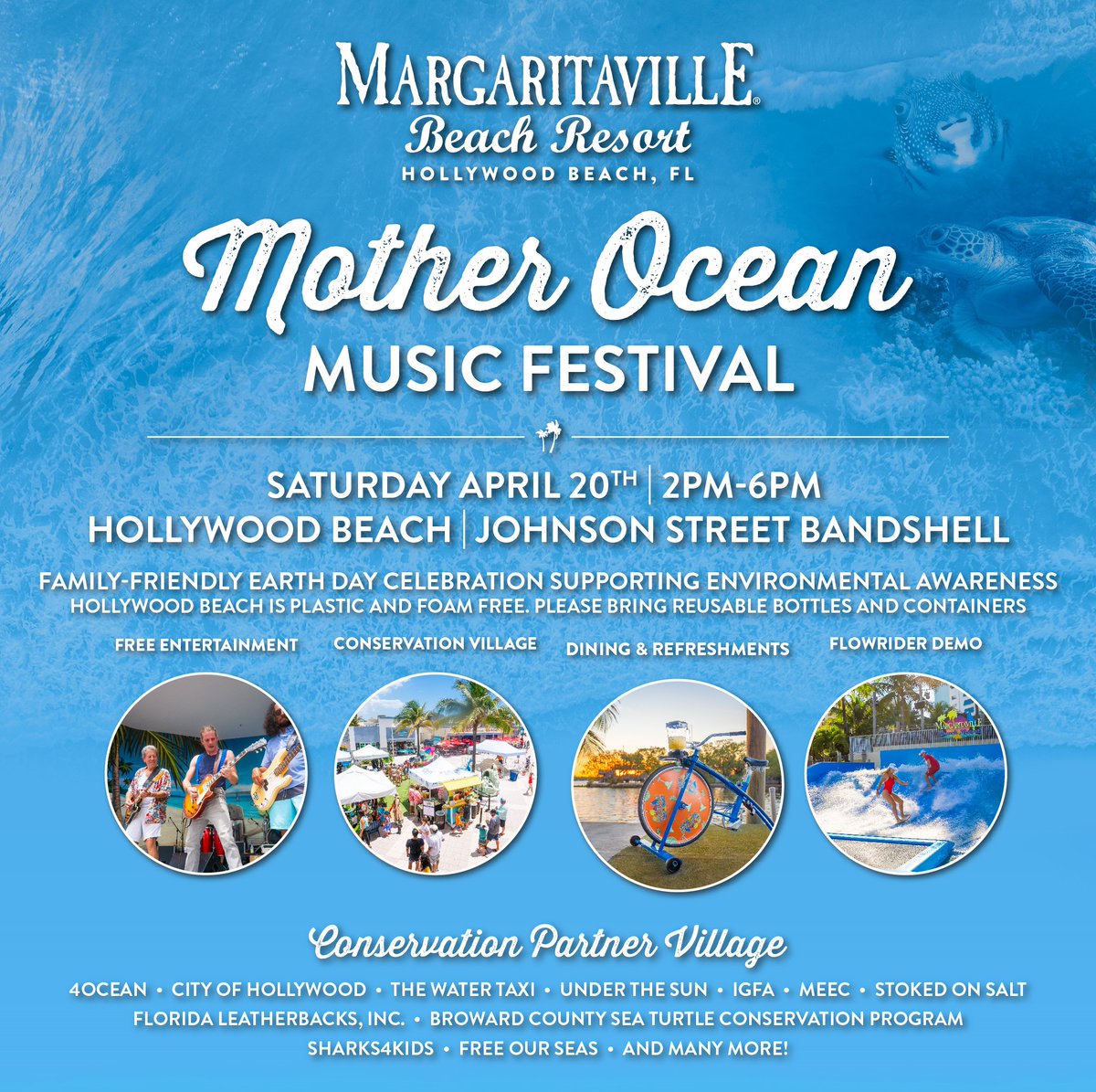 Join us for an unforgettable Mother Ocean Music Festival event where live music, family fun, and environmental awareness come together in one epic event! #margaritaville🌊 Saturday, April 20th 2pm - 6pm Hollywood Beach Bandshell bit.ly/4cOHvZ2