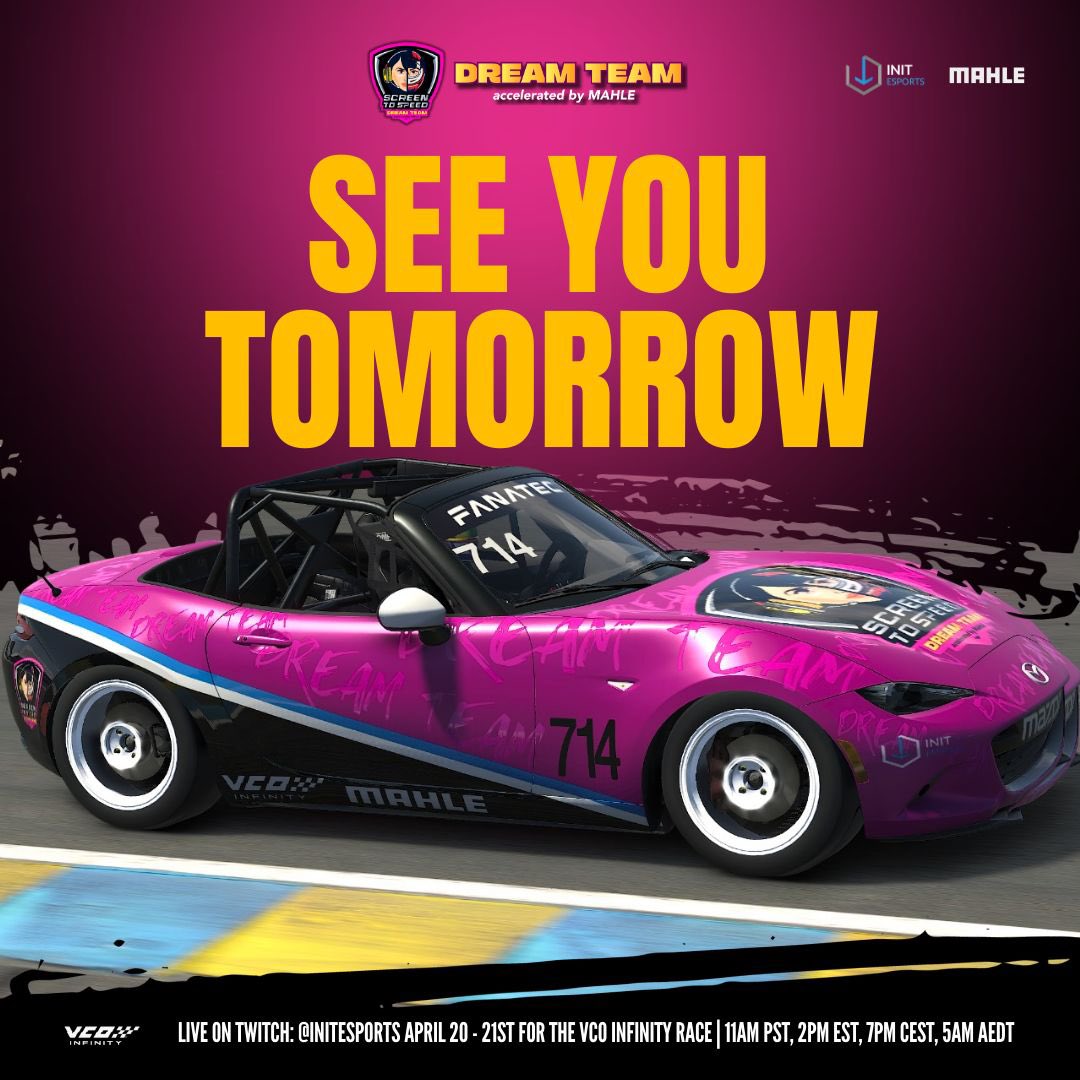SEE YOU TOMORROW IN THE @vcoesports INFINITY 🚀

Join us for the 24H full of actions on twitch.tv/initesports 

#simracing #VCOINFINITY #MAHLE #MAHLEGROUP #ScreentoSpeed #ForWomenByWomen #iracing