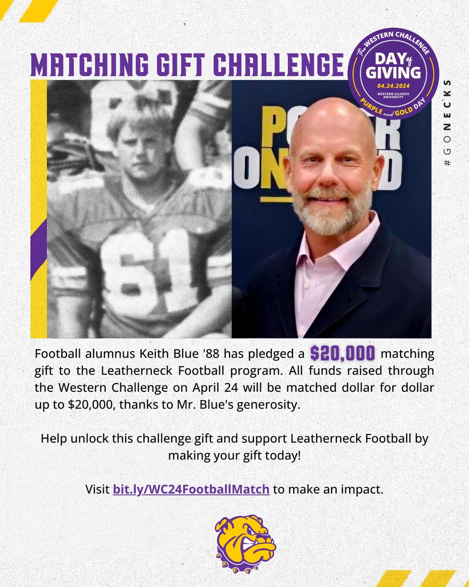 Your gift means more during the Western Challenge!

@WIUfootball alumnus Keith Blue '88 has pledged a $20,000 matching gift to football. All gifts made through the link below will be matched dollar for dollar until 11:59 pm on April 24!

bit.ly/WC24FootballMa…