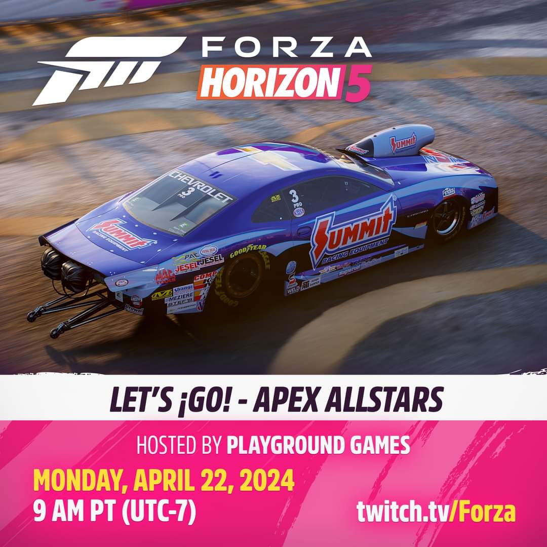 ForzaHorizon5UK's tweet photo. Tune into the Let's ¡Go! Livestream on Monday from 17:00 (BST) for all the latest Forza content, including what's coming up in Series 33, Apex Allstars!
https://t.co/gTlealEBhB
#Update #Series33 #Apex #ApexAllstars #Forza #ForzaHorizon #FH5 https://t.co/Pcq7UDnxIx